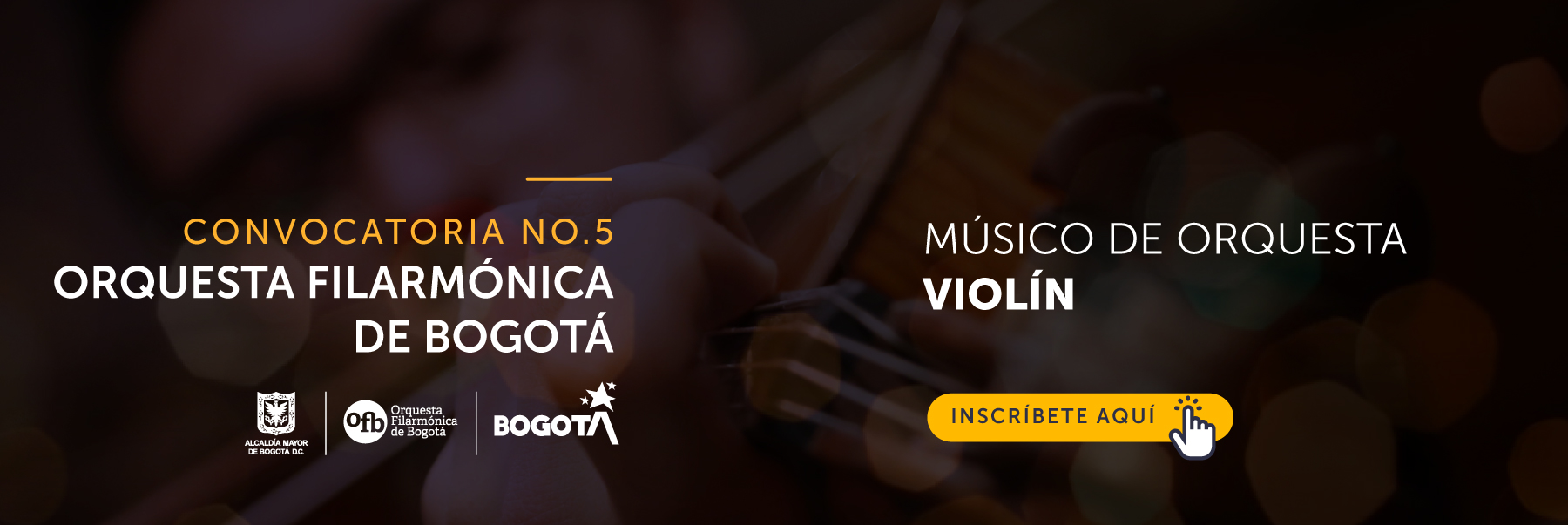 Imagen tipo banner invitando a participar en la Convocatoria No 5 para músico de orquesta Violín